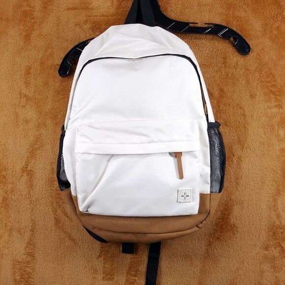 SUN + STONE White Tan Backpack Colorblock Canvas School Laptop Bookbag RILEY